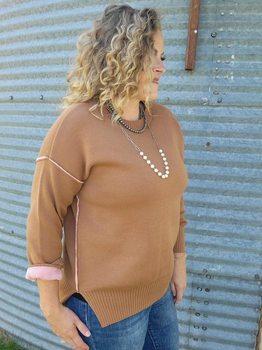 Round Neck Contrast Trim Sweater- Camel/Pink
