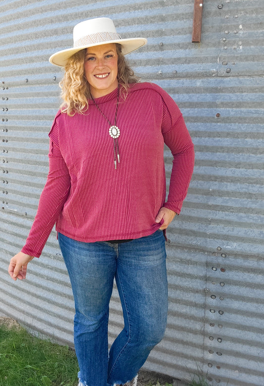 Raised Rib Sweater - Burgundy