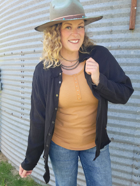 Double Gauze Raw Edge Button Up