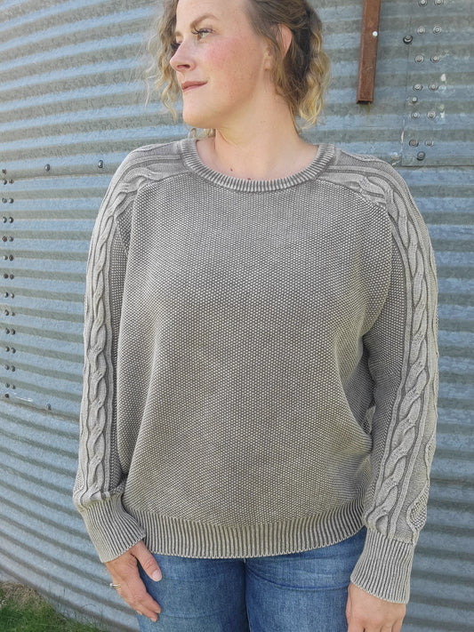 Stone Washed Cable Sleeve Sweater - Mocha
