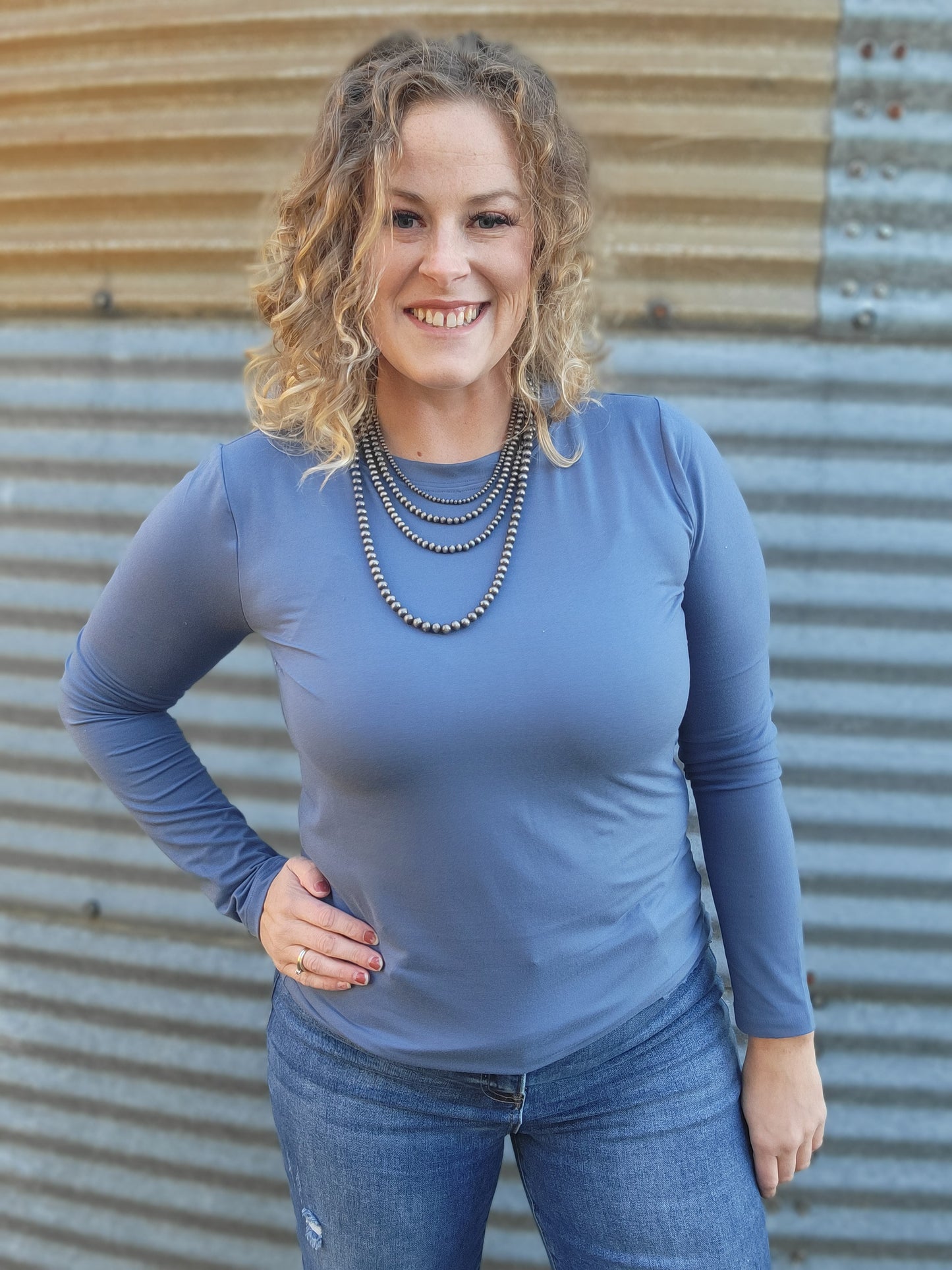 Microfiber Round Neck Long Sleeve Tee - Dusty Blue