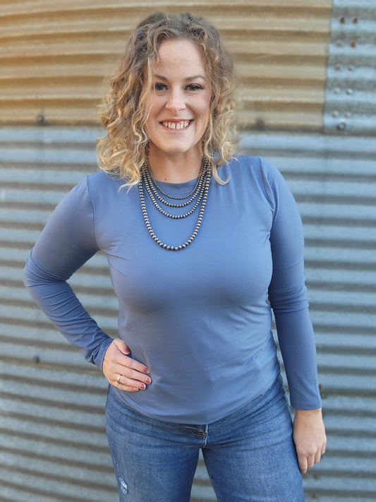 Microfiber Round Neck Long Sleeve Tee - Dusty Blue