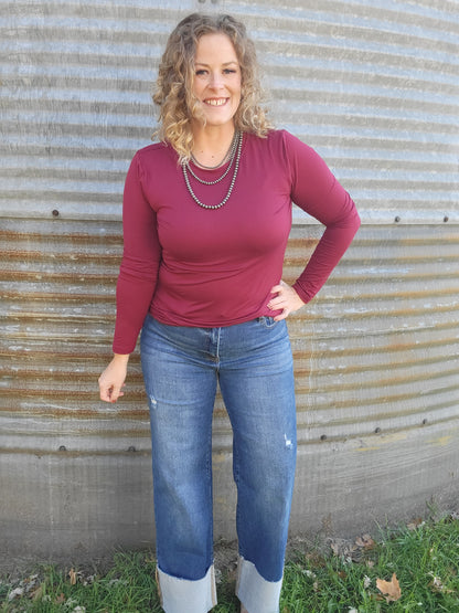 Microfiber Round Neck Long Sleeve Tee - Cabernet