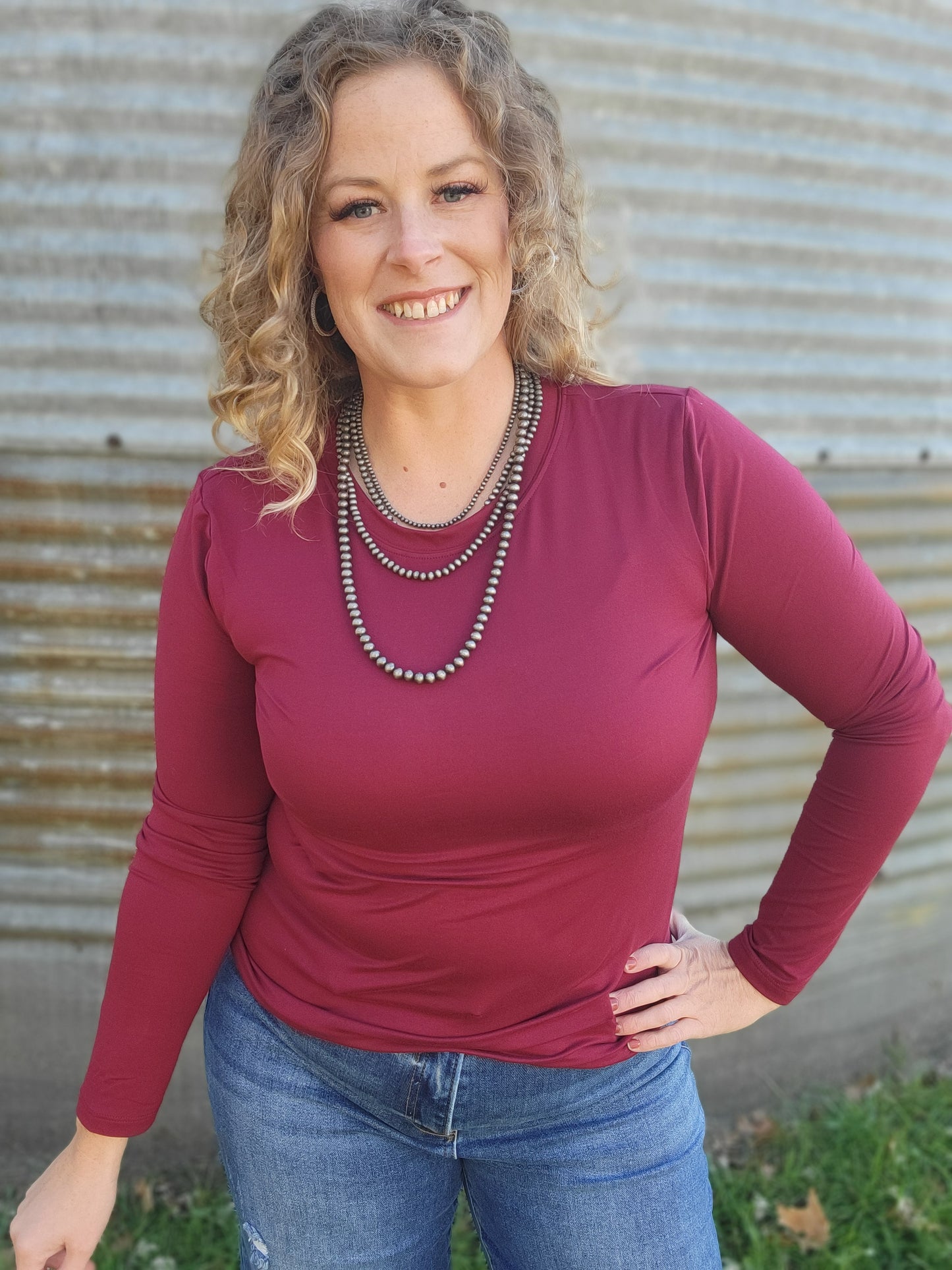 Microfiber Round Neck Long Sleeve Tee - Cabernet