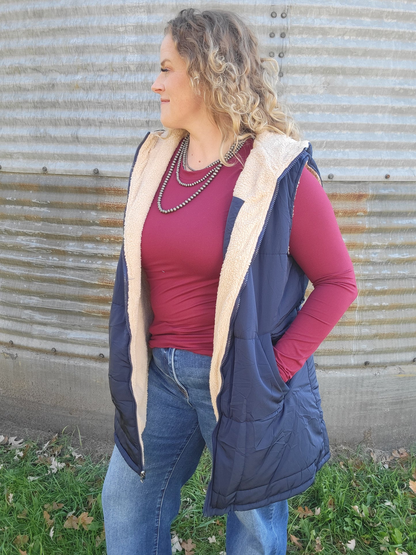 Long Puffer Vest - Navy