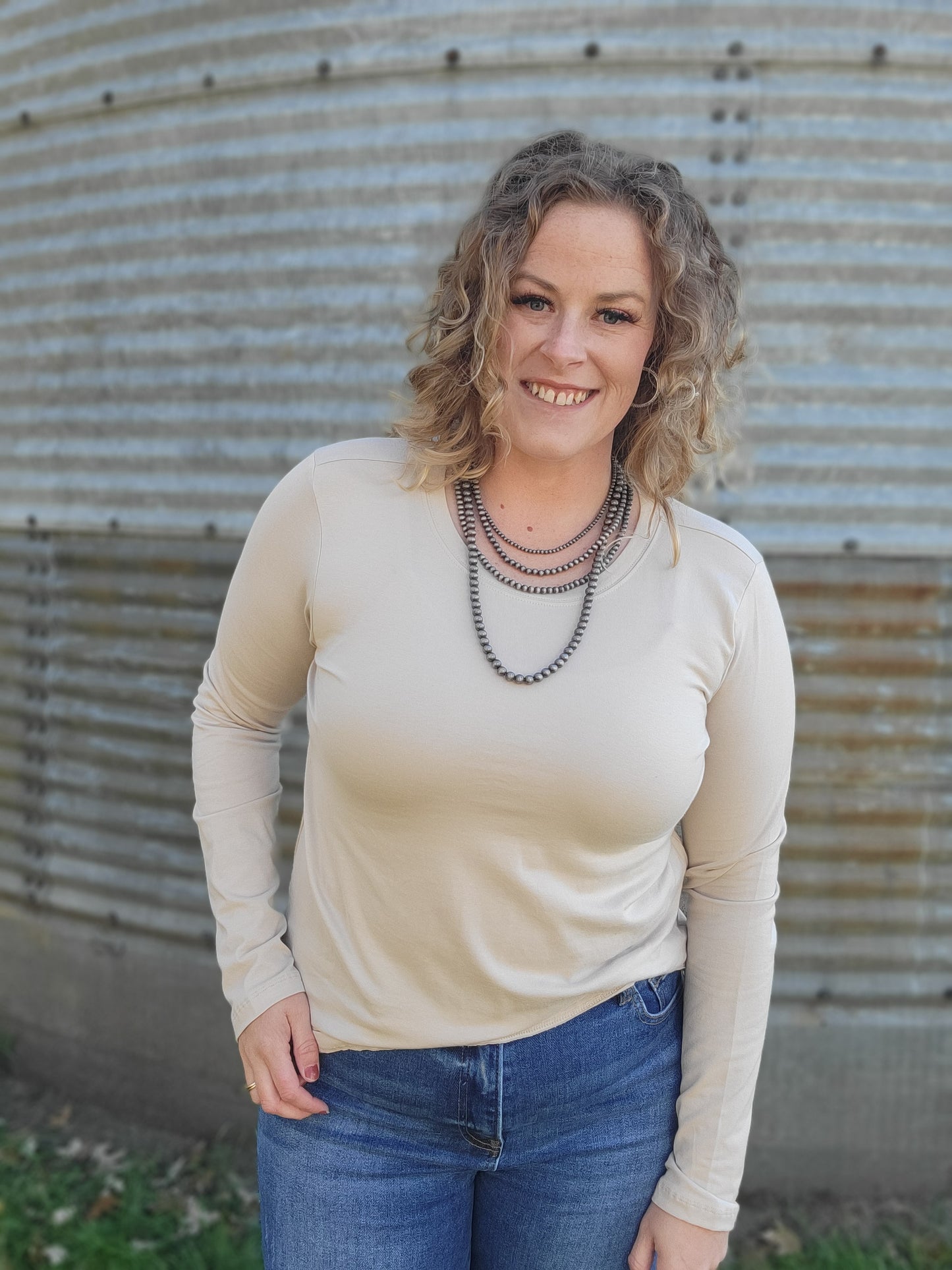 Cotton Crew Neck Long Sleeve Tee - Sand Beige