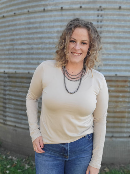 Cotton Crew Neck Long Sleeve Tee - Sand Beige