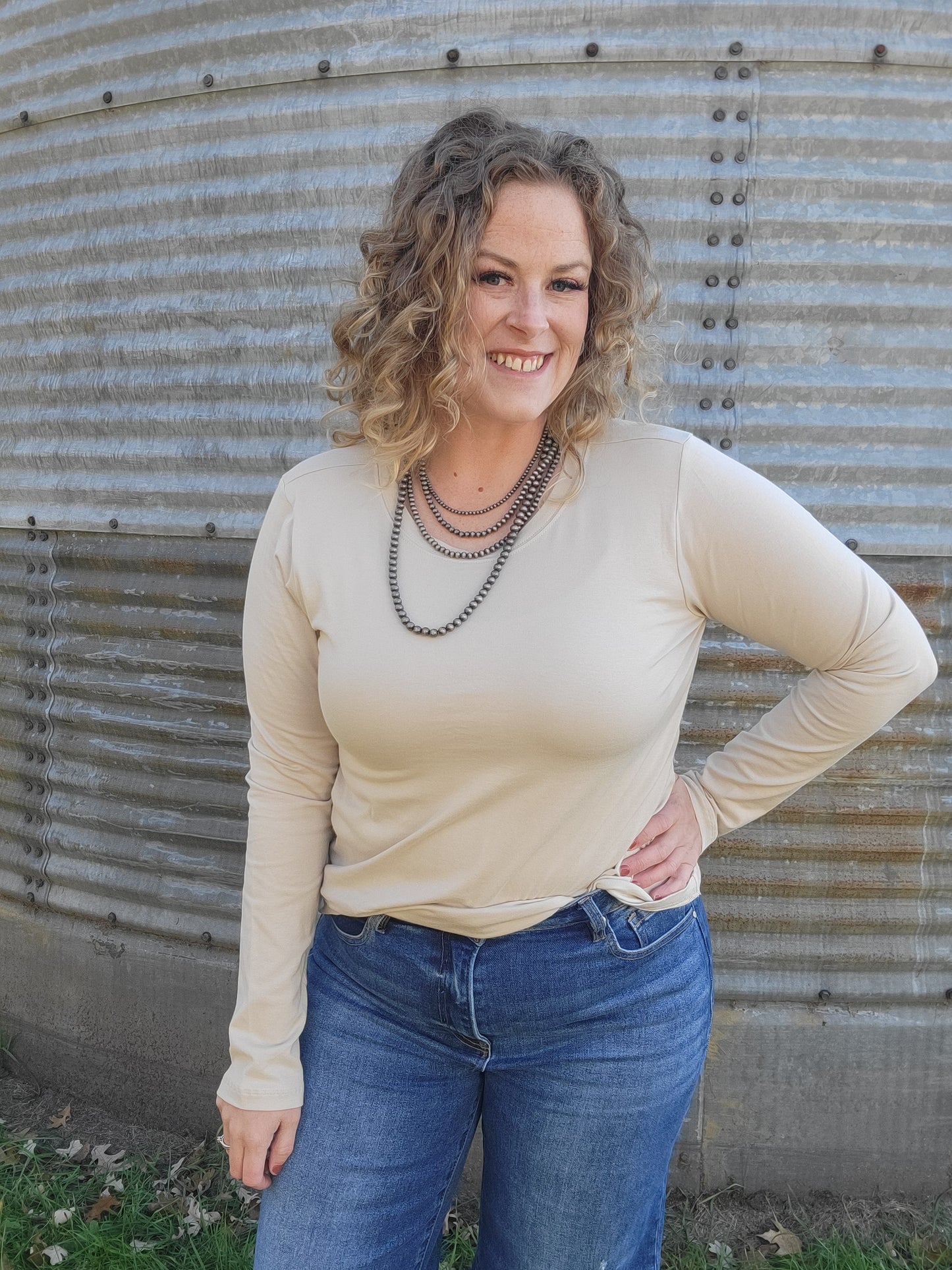 Cotton Crew Neck Long Sleeve Tee - Sand Beige