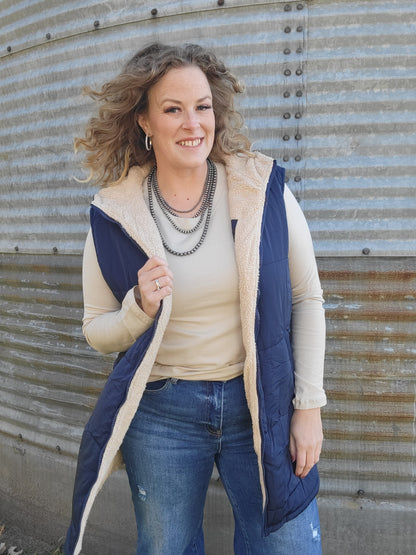 Long Puffer Vest - Navy