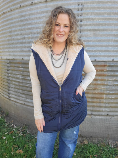 Long Puffer Vest - Navy