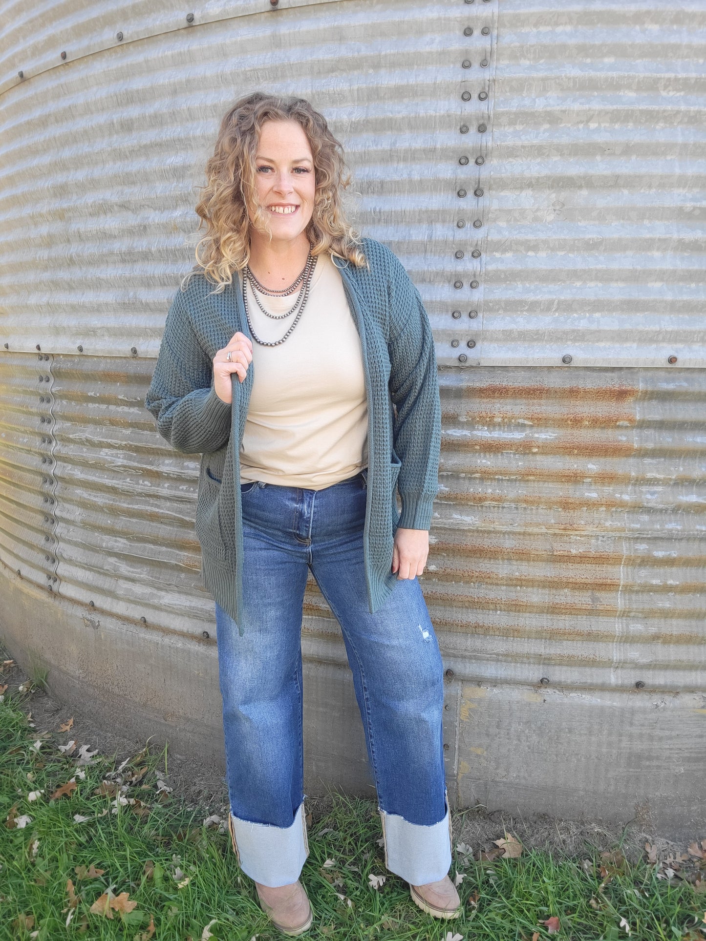 Waffle Knit Sweater Cardigan - Ash Jade