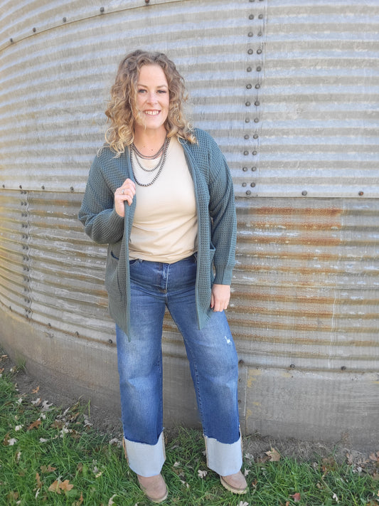 Waffle Knit Sweater Cardigan - Ash Jade
