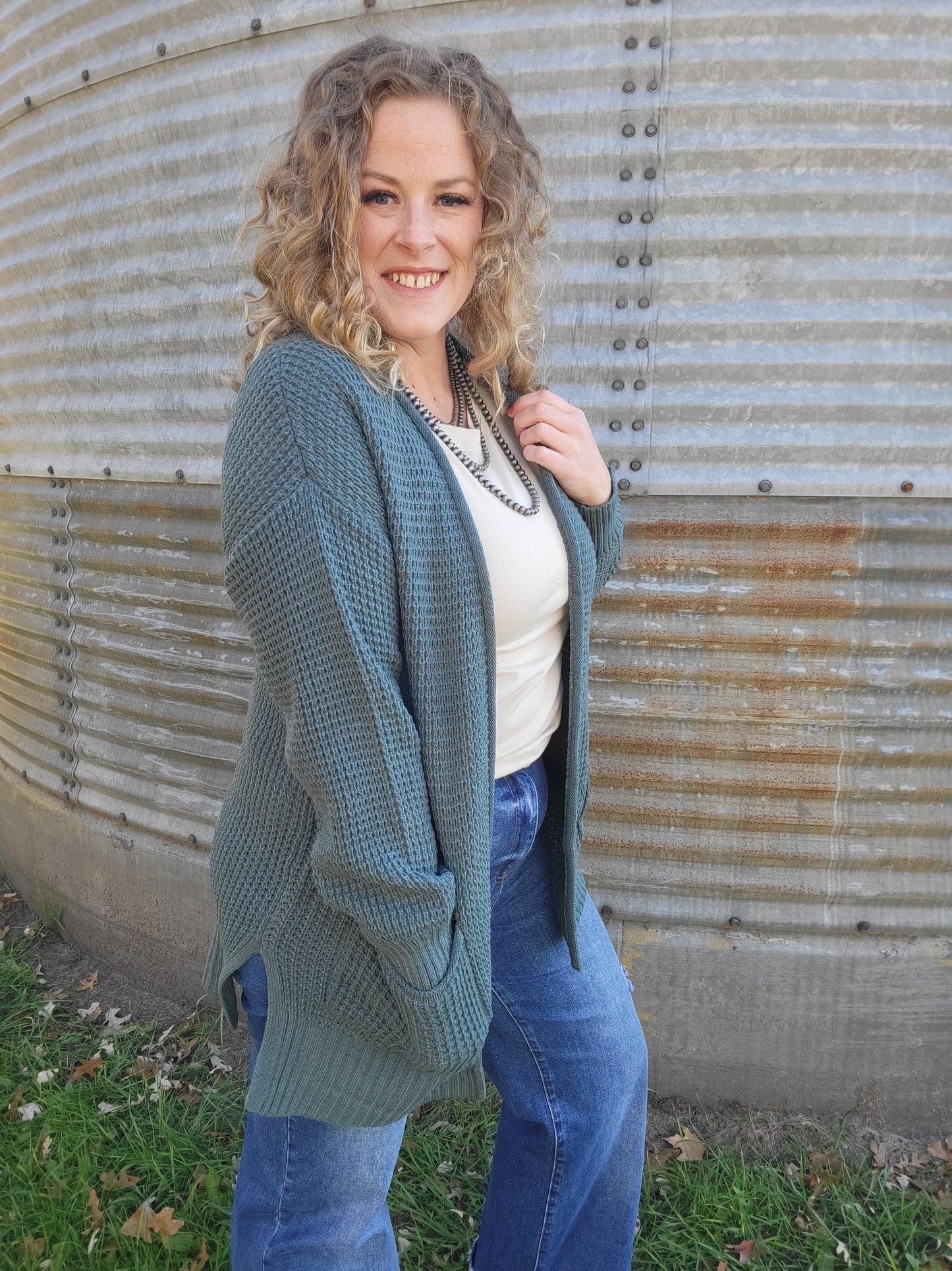 Waffle Knit Sweater Cardigan - Ash Jade