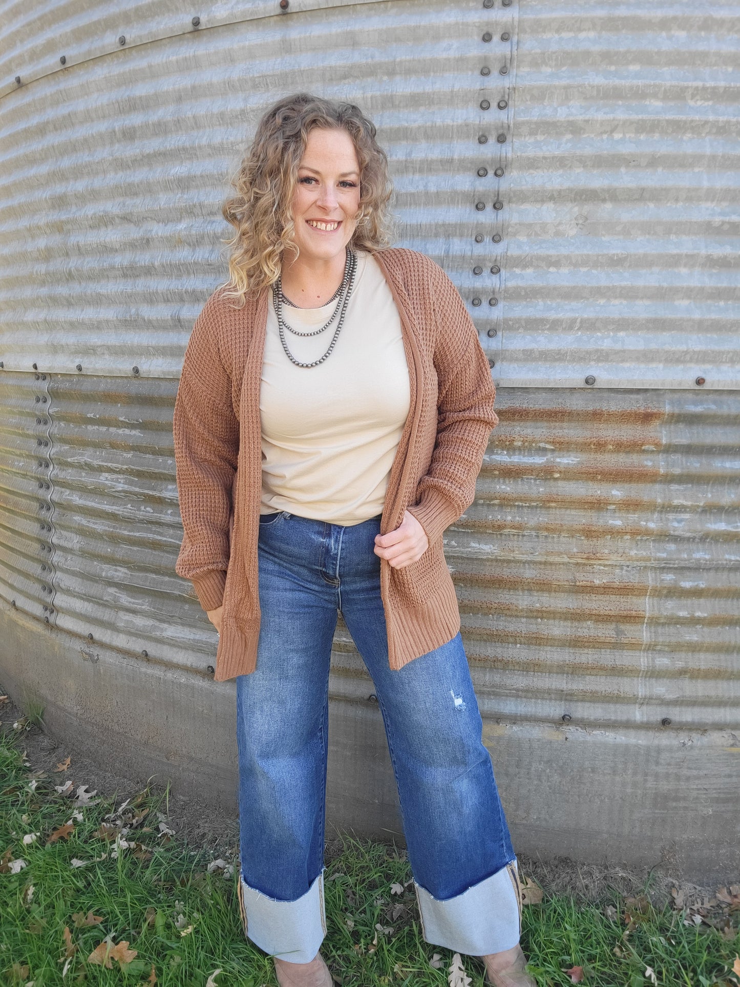 Waffle Knit Sweater Cardigan - Camel