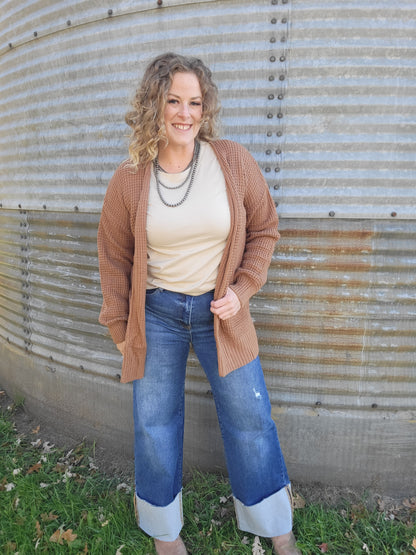 Waffle Knit Sweater Cardigan - Camel