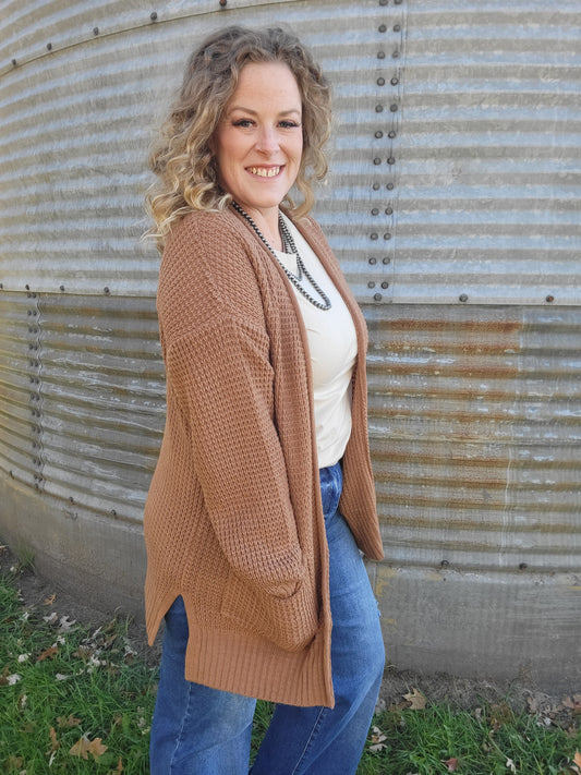 Waffle Knit Sweater Cardigan - Camel