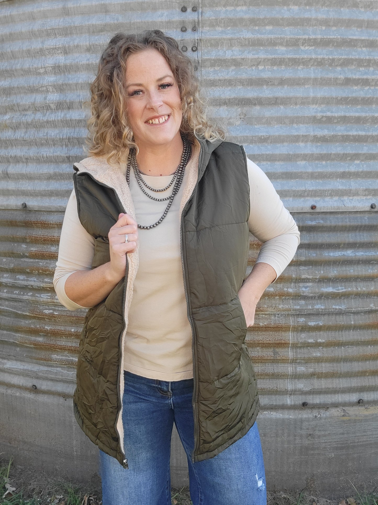 Long Puffer Vest - Olive Green