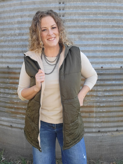 Long Puffer Vest - Olive Green