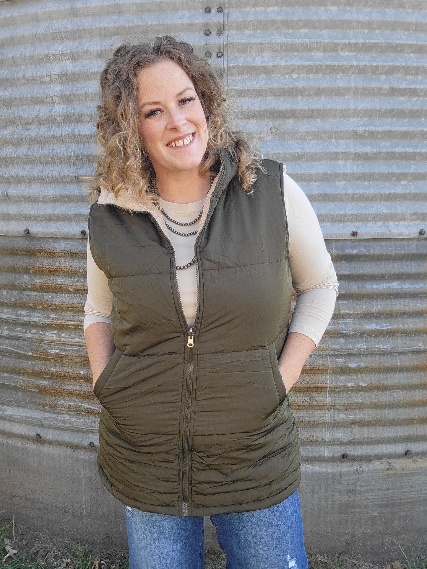 Long Puffer Vest - Olive Green