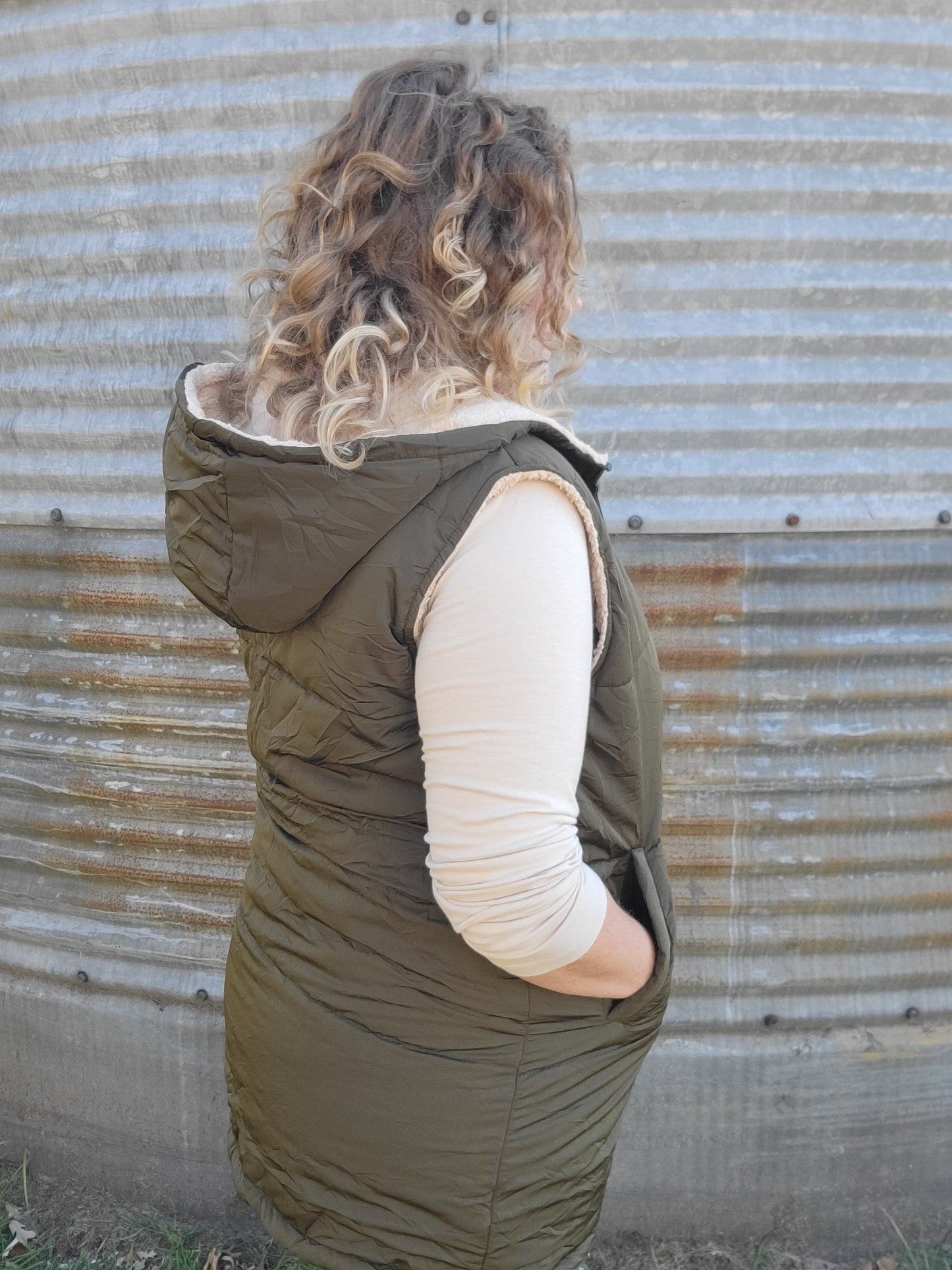 Long Puffer Vest - Olive Green