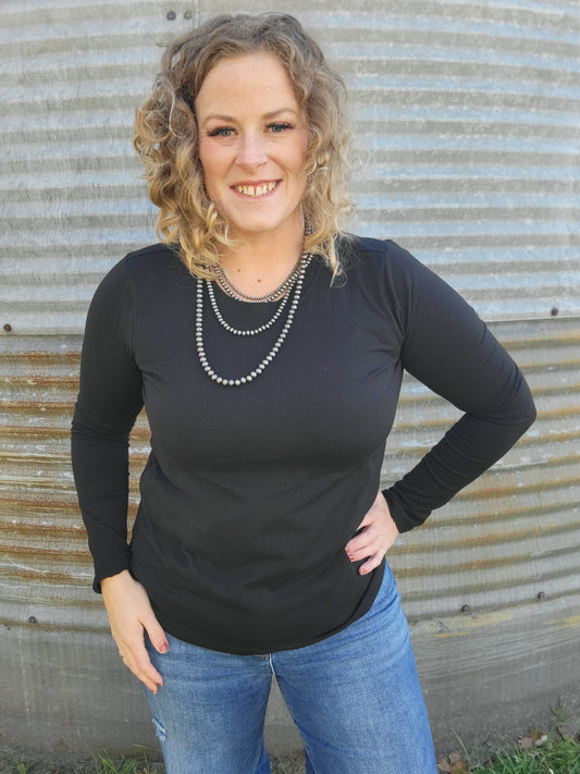 Cotton Crew Neck Long Sleeve Tee - Black