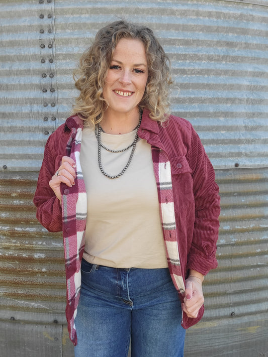 Corduroy Reversible Button Down Jacket - Cranberry