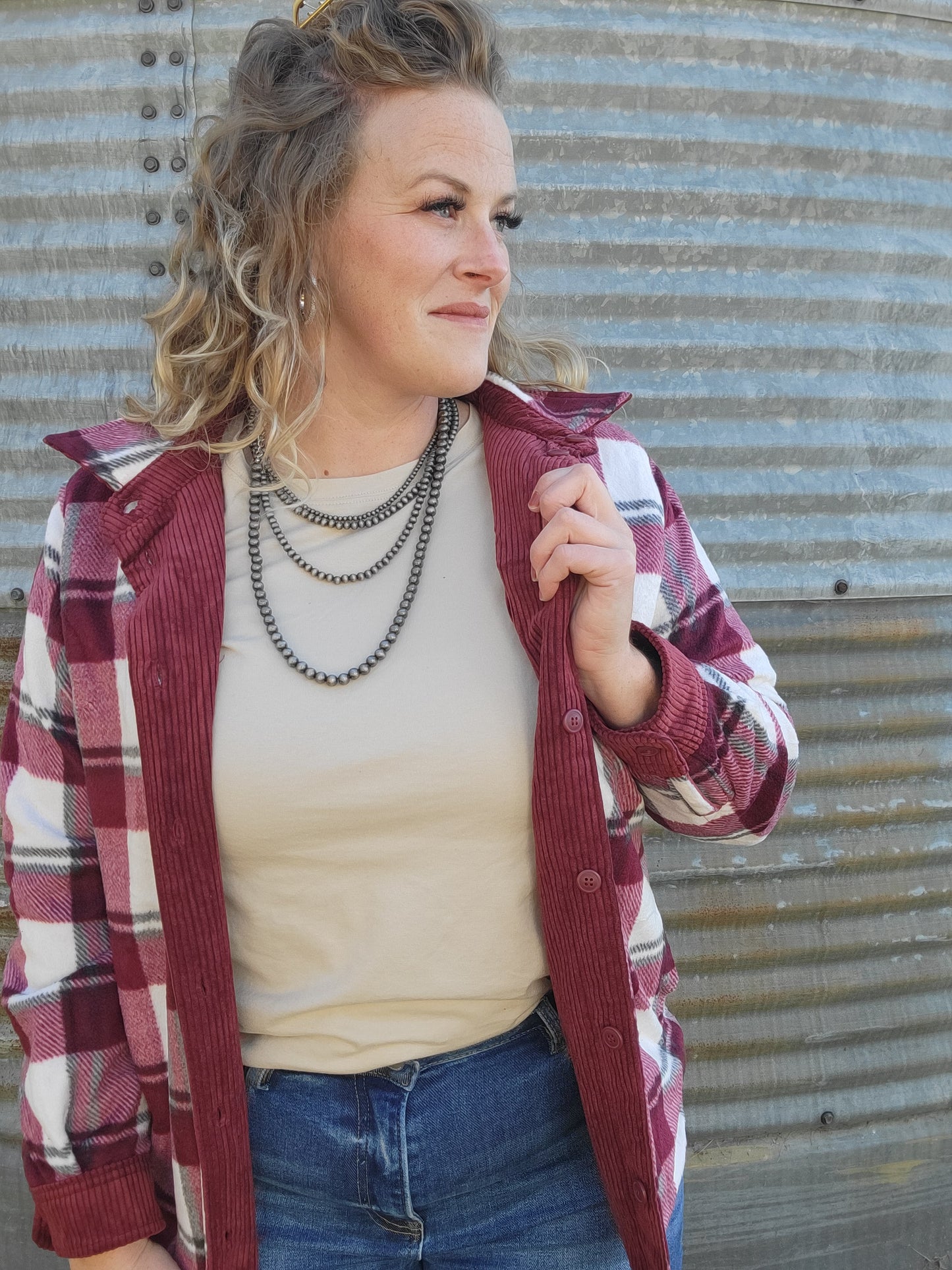 Corduroy Reversible Button Down Jacket - Cranberry