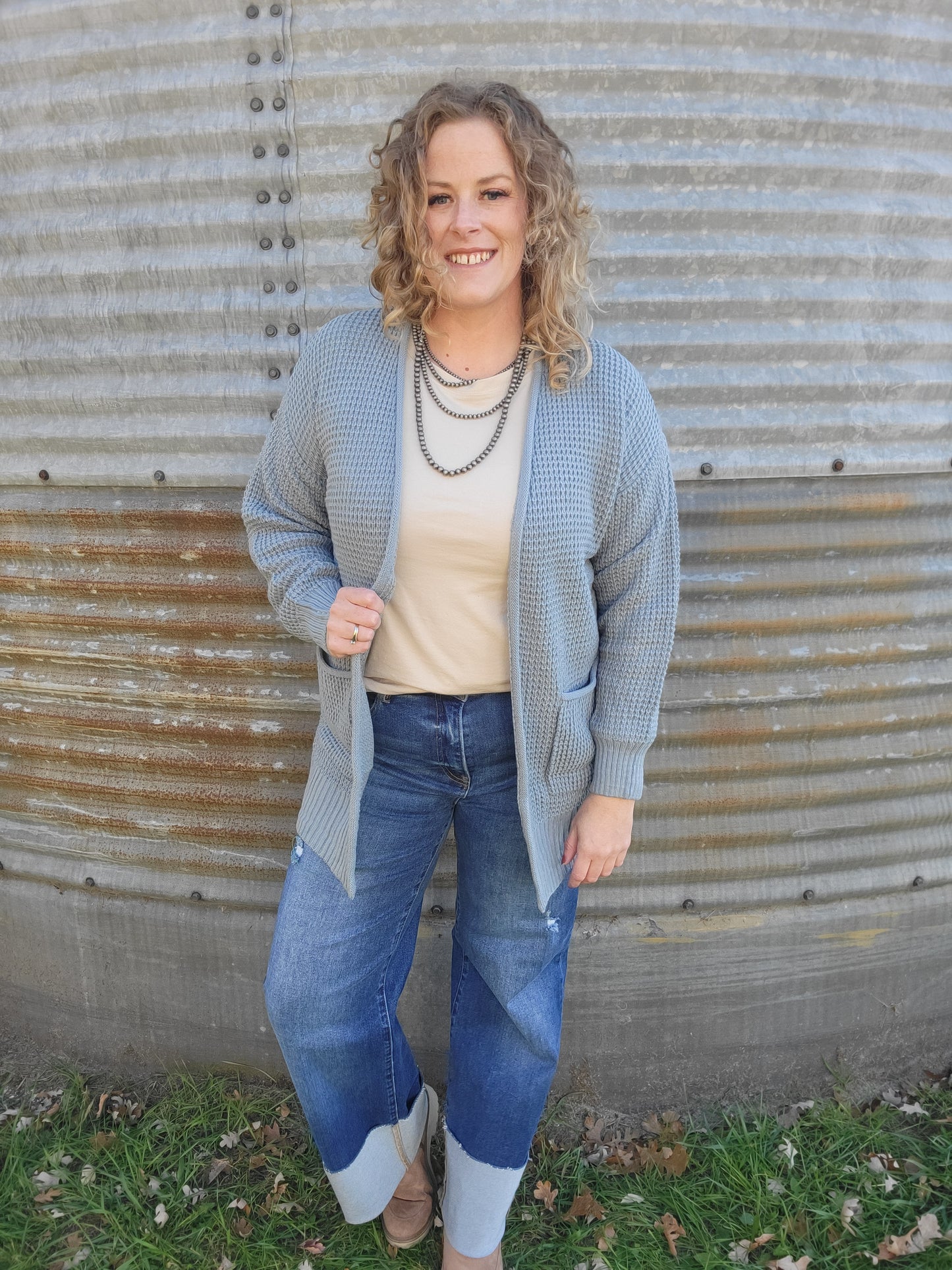 Waffle Knit Sweater Cardigan - Blue Grey