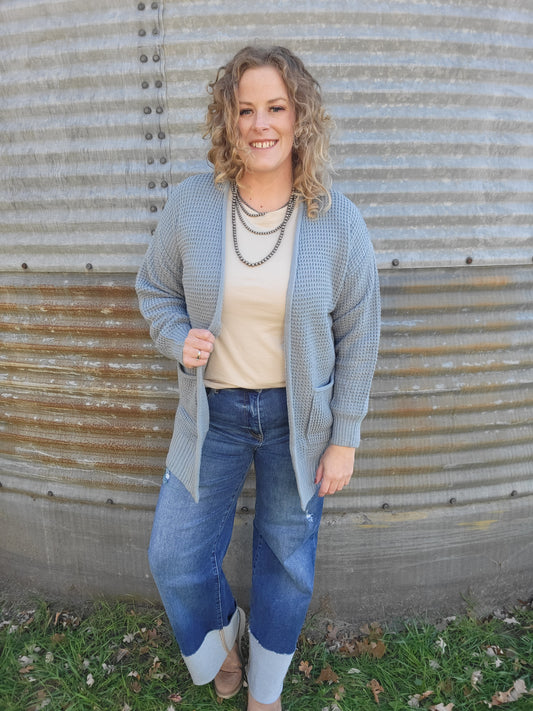 Waffle Knit Sweater Cardigan - Blue Grey