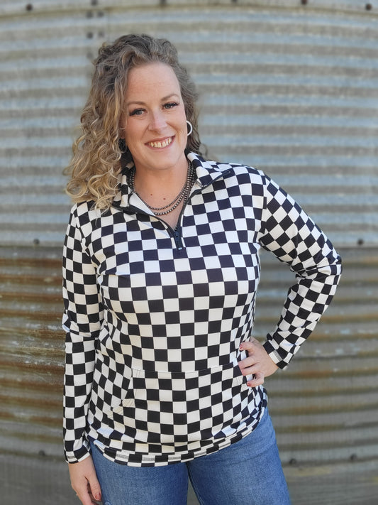 Round the Track Pullover, black and white checker print quarter zip long sleeve from Sterling Kreek 