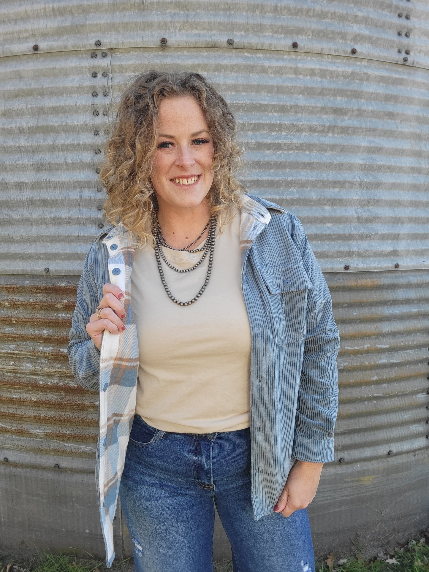 Corduroy Reversible Button Down Jacket - Blue Stone