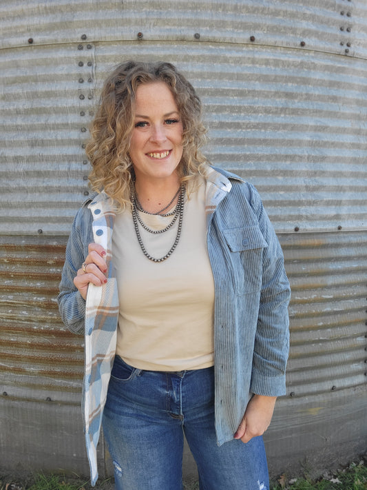 Corduroy Reversible Button Down Jacket - Blue Stone