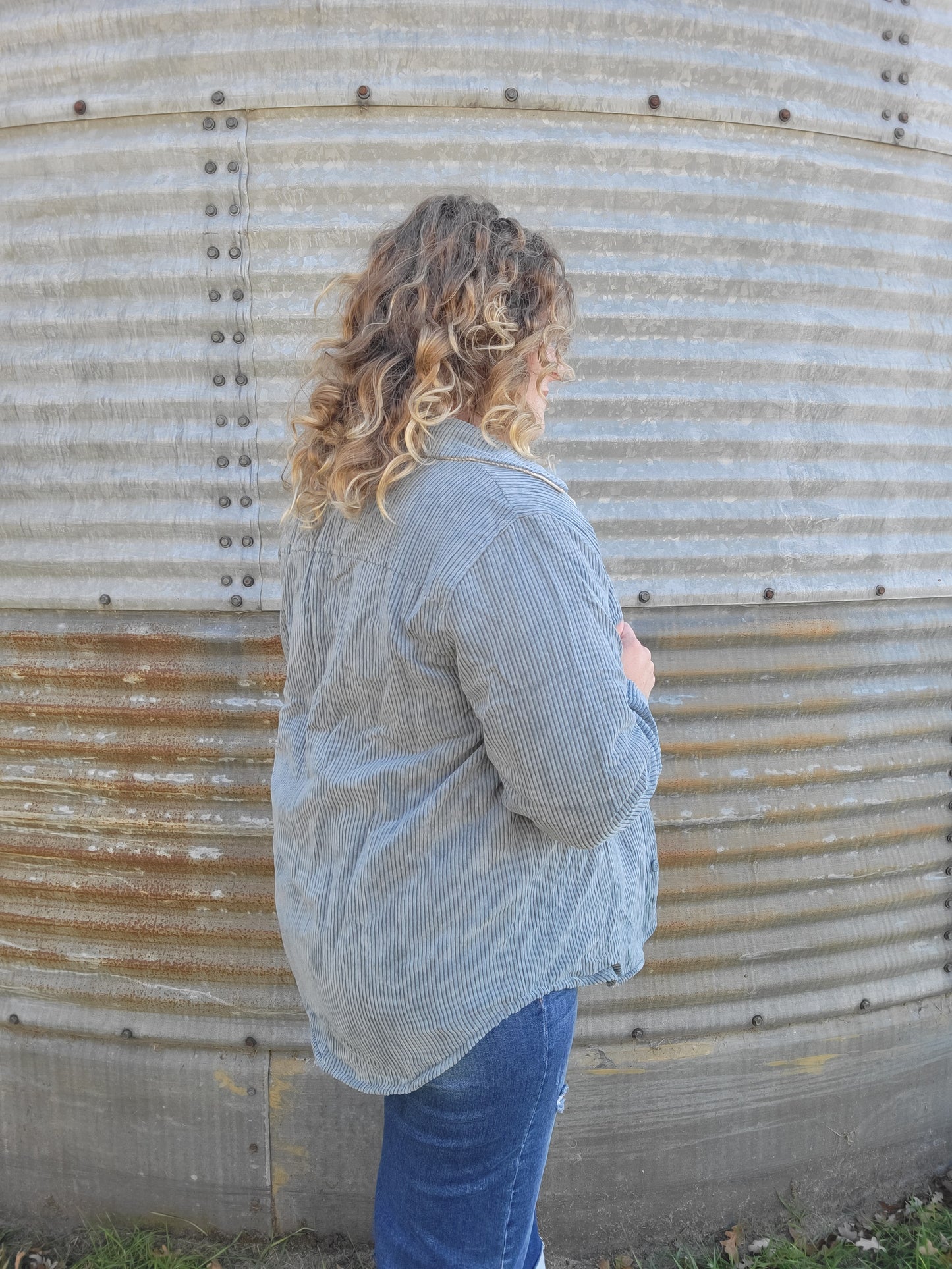 Corduroy Reversible Button Down Jacket - Blue Stone