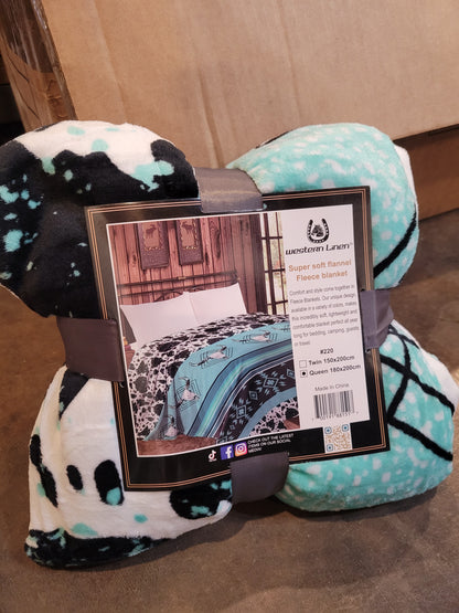 Twin Size Lightweight Throw Blanket - Turquoise/ Cowprint/ Skulls