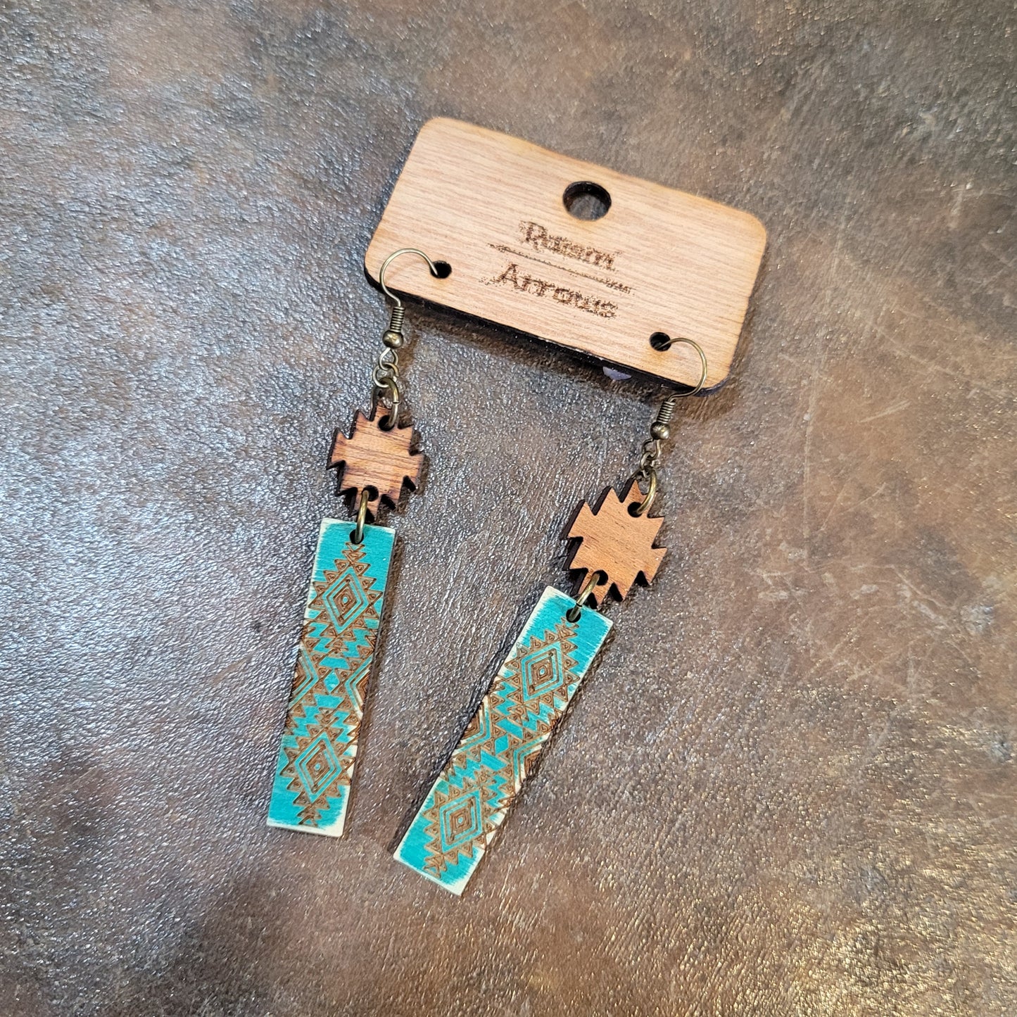 Wooden Bar Earrings- Turquoise Aztec