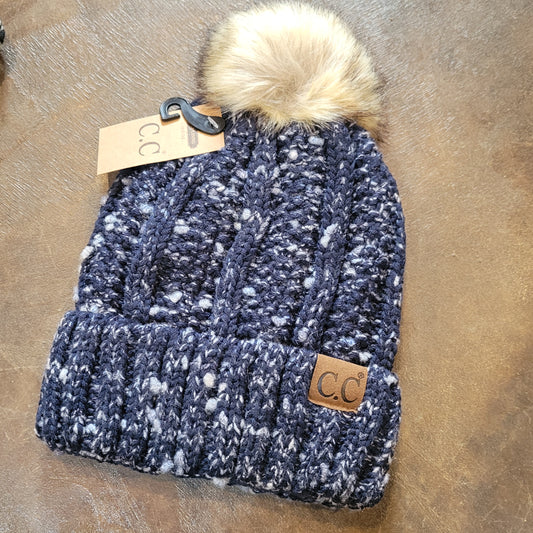 Fuzzy Lined Confetti Knit Fur Pom CC Beanie - Navy