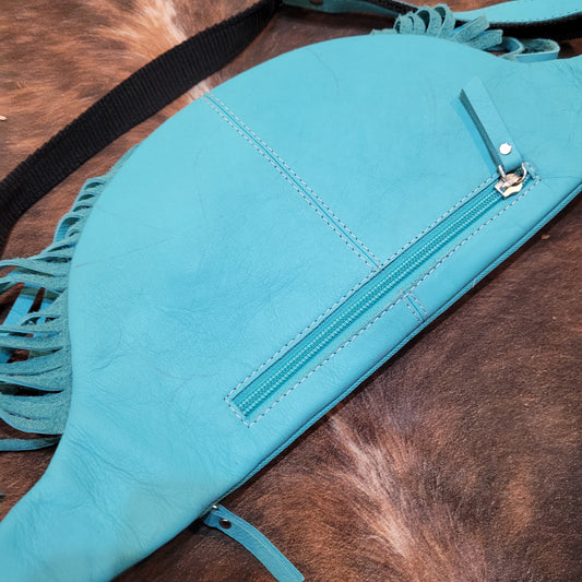 Cow Hide Fanny Pack with Fringe - Blue