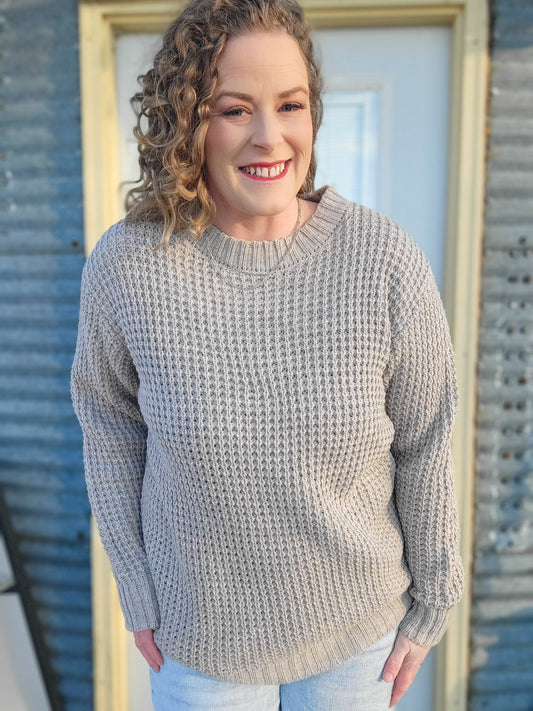 Hi-low Long Sleeve Waffle Sweater- Beige