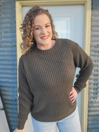 Hi-low Long Sleeve Waffle Sweater- Dark Olive