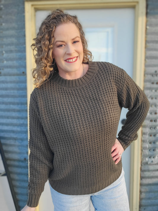 Hi-low Long Sleeve Waffle Sweater- Dark Olive