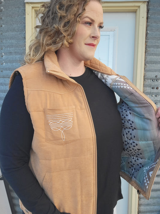 Camel Puffer Vest with Aztec Lining Boot Stitch Detail