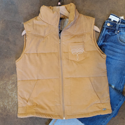 Camel Puffer Vest with Aztec Lining Boot Stitch Detail