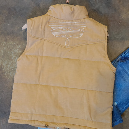 Camel Puffer Vest with Aztec Lining Boot Stitch Detail
