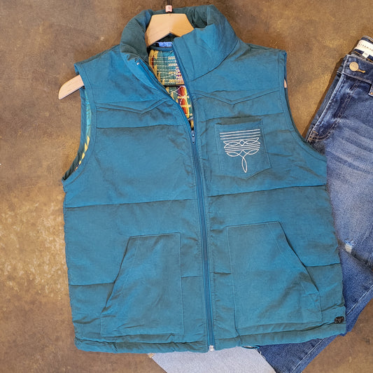 Blue Puffer Vest with Aztec Lining Boot Stitch Detail