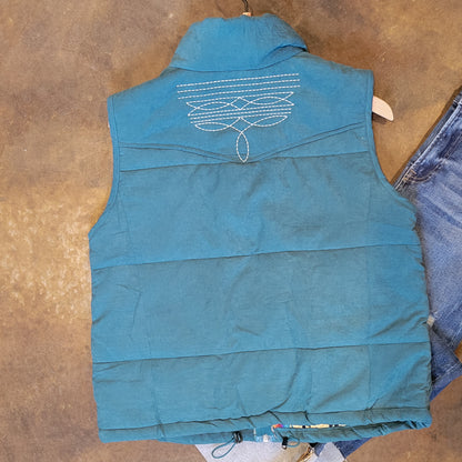 Blue Puffer Vest with Aztec Lining Boot Stitch Detail