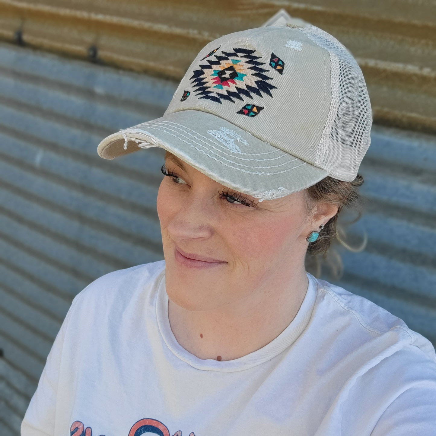 C.C. Distressed Aztec Criss Cross Ponytail Hat - Beige