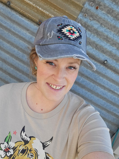 C.C. Distressed Aztec Criss Cross Ponytail Hat - Grey