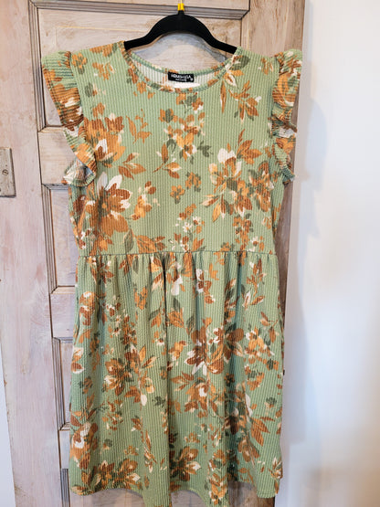Floral Babydoll Dress with Flutter Sleeve - Green