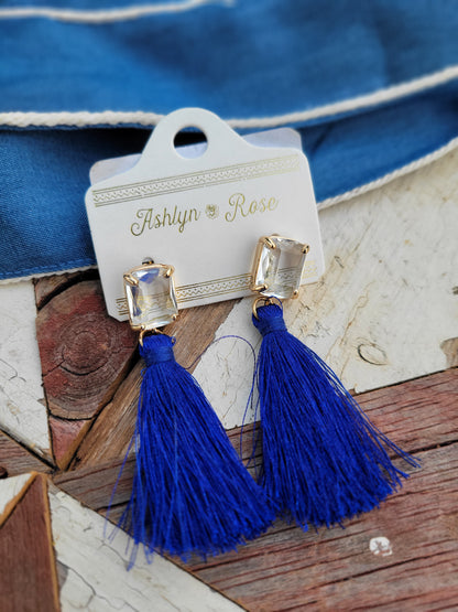 LOVE NOTES ROYAL BLUE TASSEL STUD EARRINGS