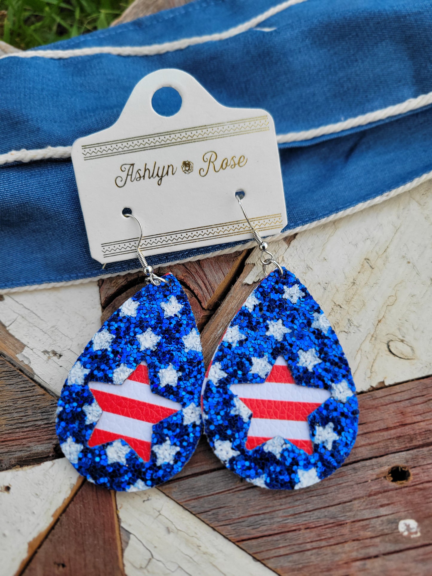 STARS STRIPES & LOTS OF SPARKLES GLITTER TEAR DROP STAR EARRINGS